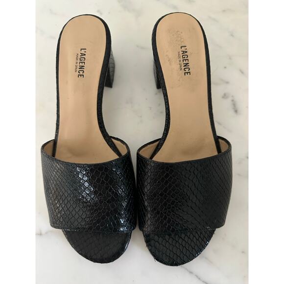 L’agence Black Embossed Leather Open Toe Block Heel Slip On Sandals - Picture 1 of 10